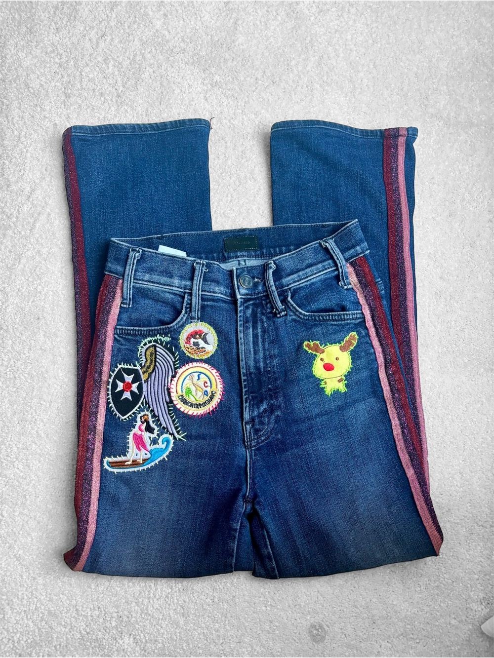 MOTHER Hustler Dark Blue Denim Jeans with hand embroidered patches….size 24